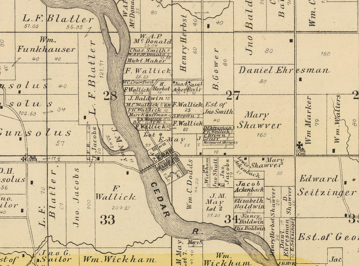 1885 Map of Cass Township Cedar County Iowa