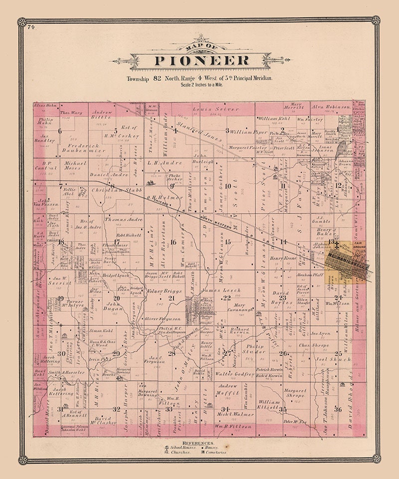 1885 Map of Pioneer Township Cedar County Iowa