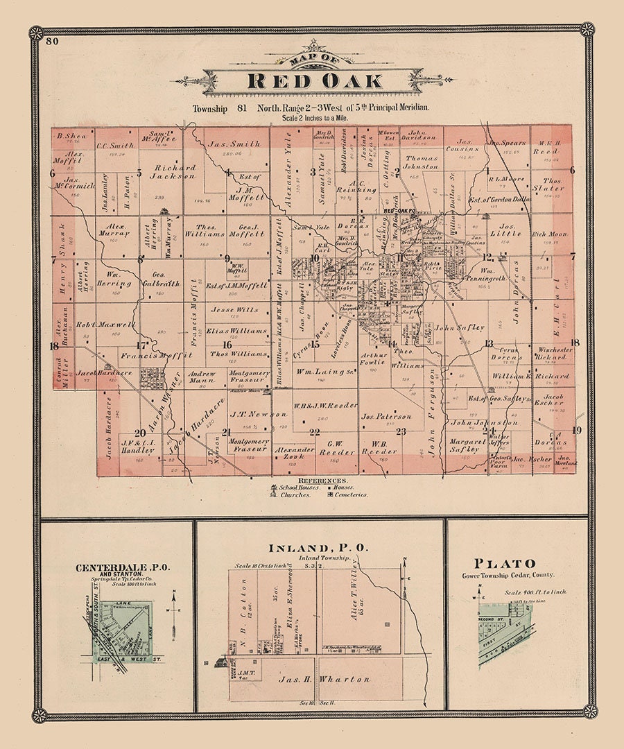 1885 Map of Red Oak Township Cedar County Iowa