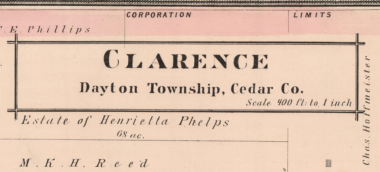 1885 Map of Clarence Cedar County Iowa