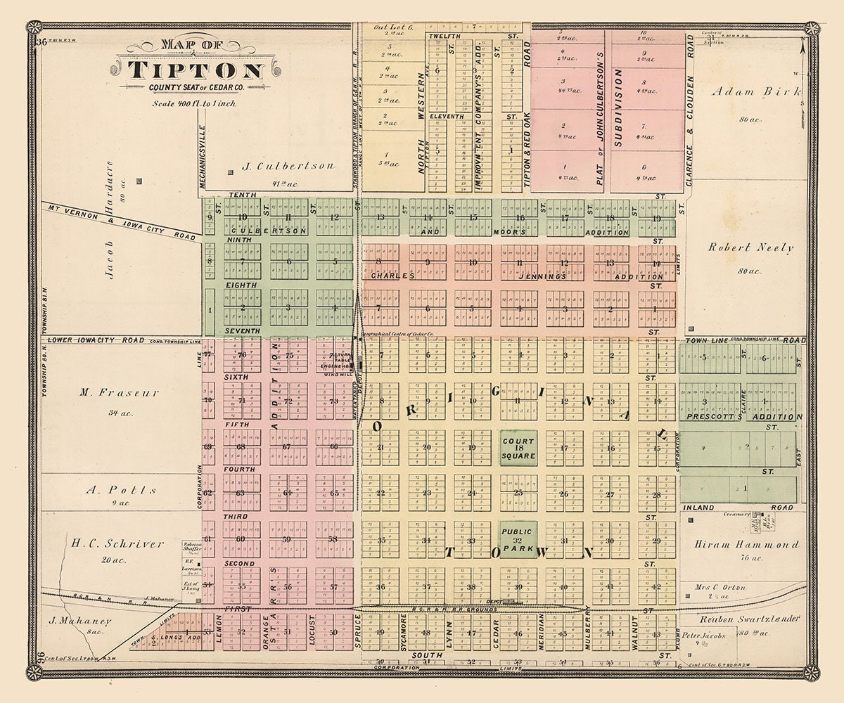 1885 Map of Tipton Cedar County Iowa