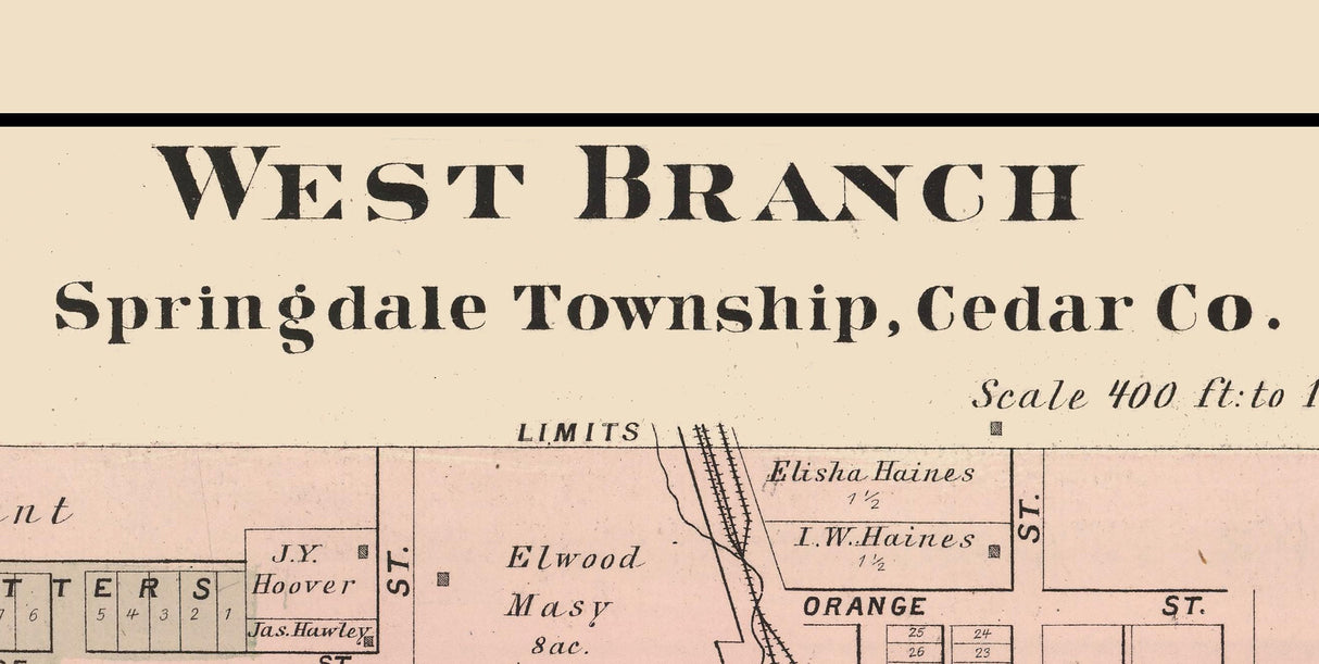 1885 Town Map of West Branch Cedar County Iowa
