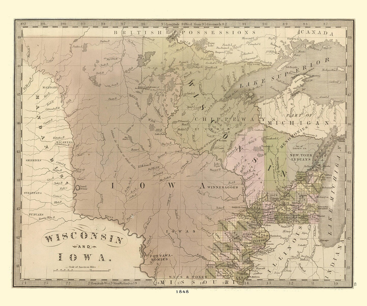 1848 Map of Wisconsin and Iowa