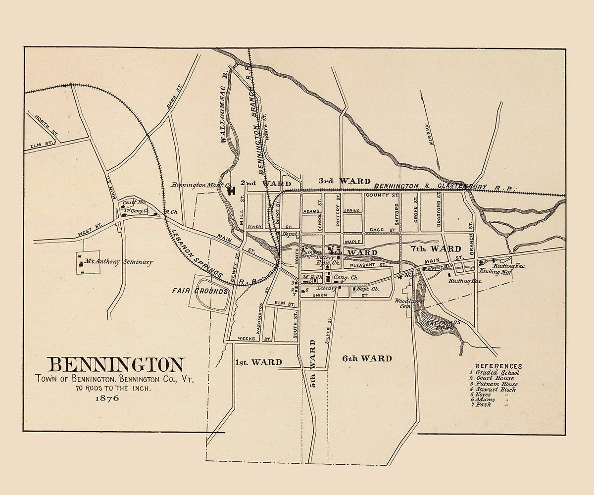 1876 Town Map of Bennington Vermont