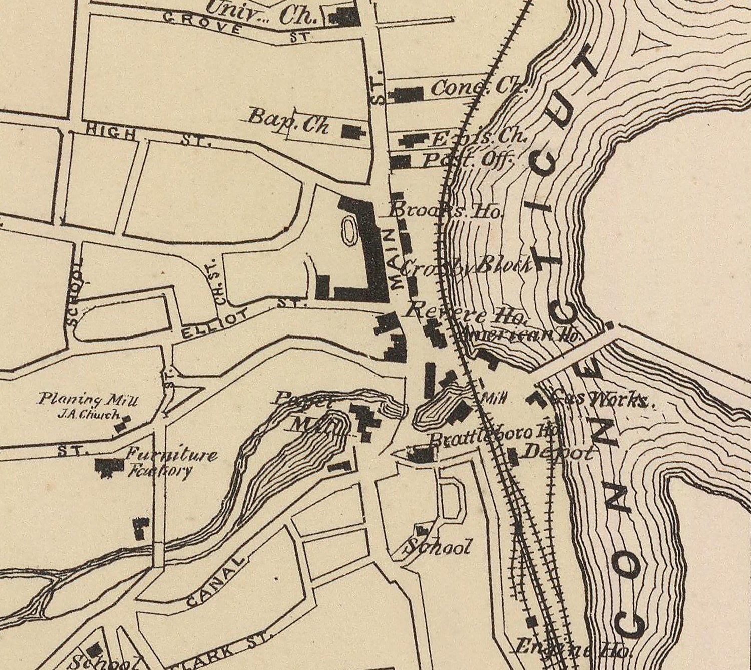 1876 Town Map of Brattleboro Vermont