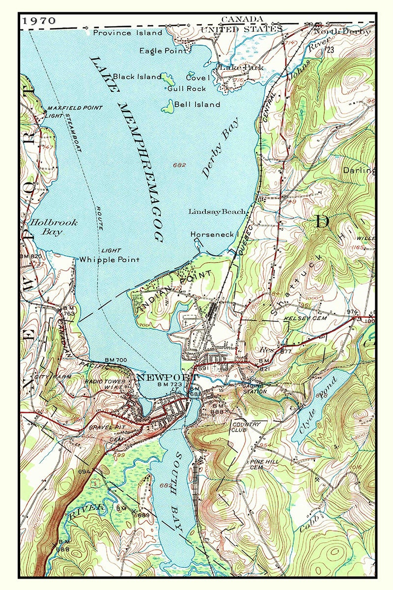 1970 Map of Newport Vermont Lake Memphremagog