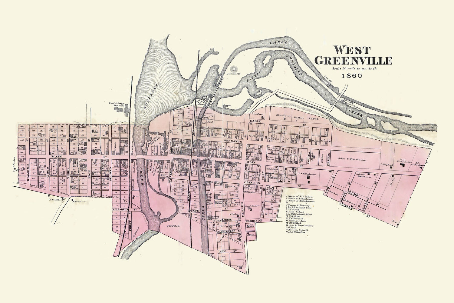 1860 Map of West Greenville Mercer County Pennsylvania