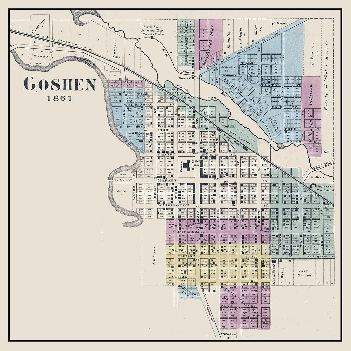 1861 Map of Goshen Elkhart County Indiana