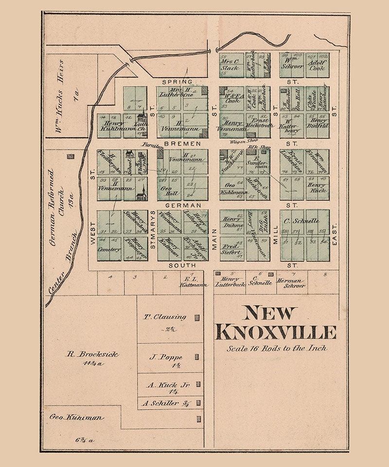1880 Town Map of New Knoxville Auglaize County Ohio