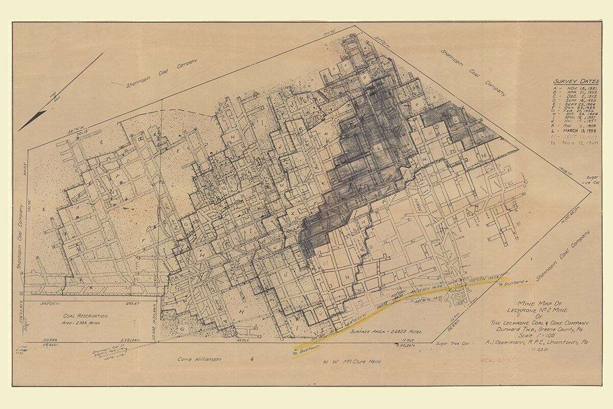 1951 Map of Leckrone 2 Mine Dunkard Township Greene County Pennsylvania