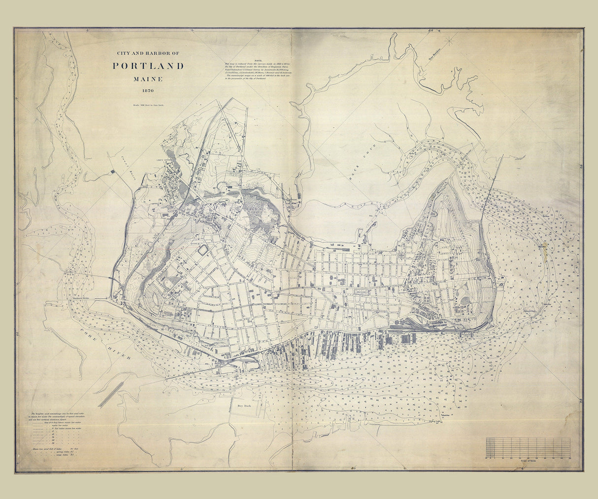 1870 Map of Portland Maine City and Harbor