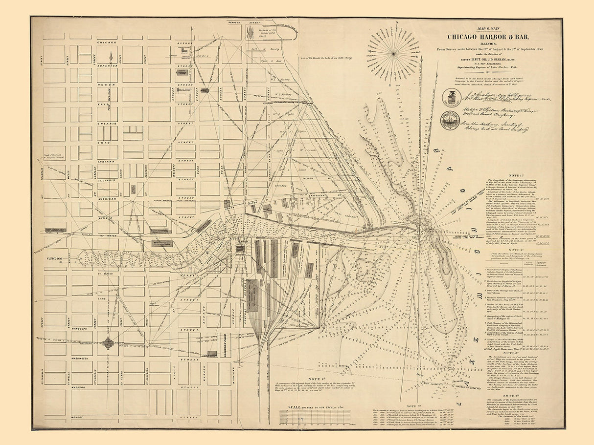 1858 Map of Chicago Harbor and Bar Illinois