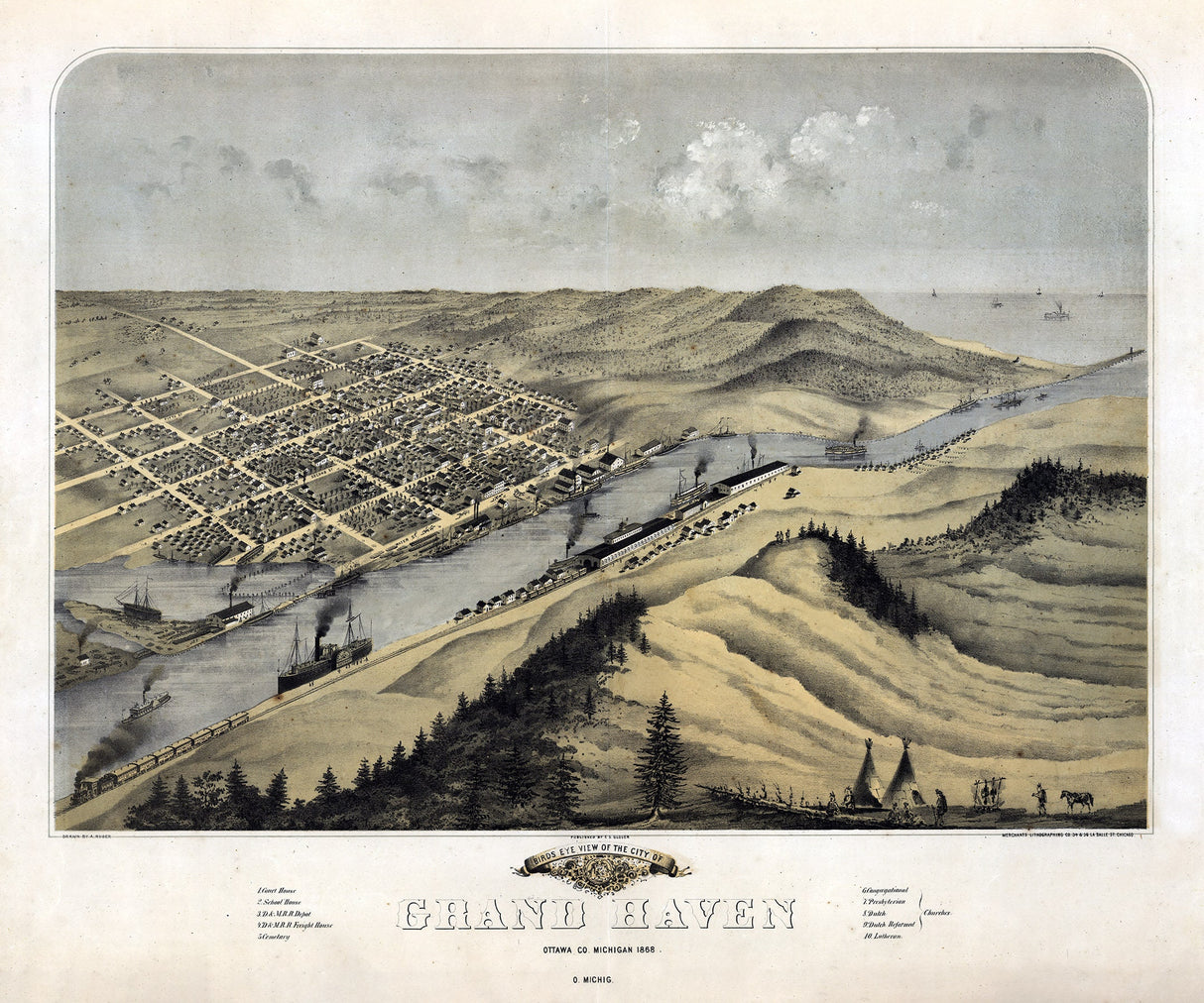 1868 Panoramic Map of Grand Haven Ottawa County Michigan