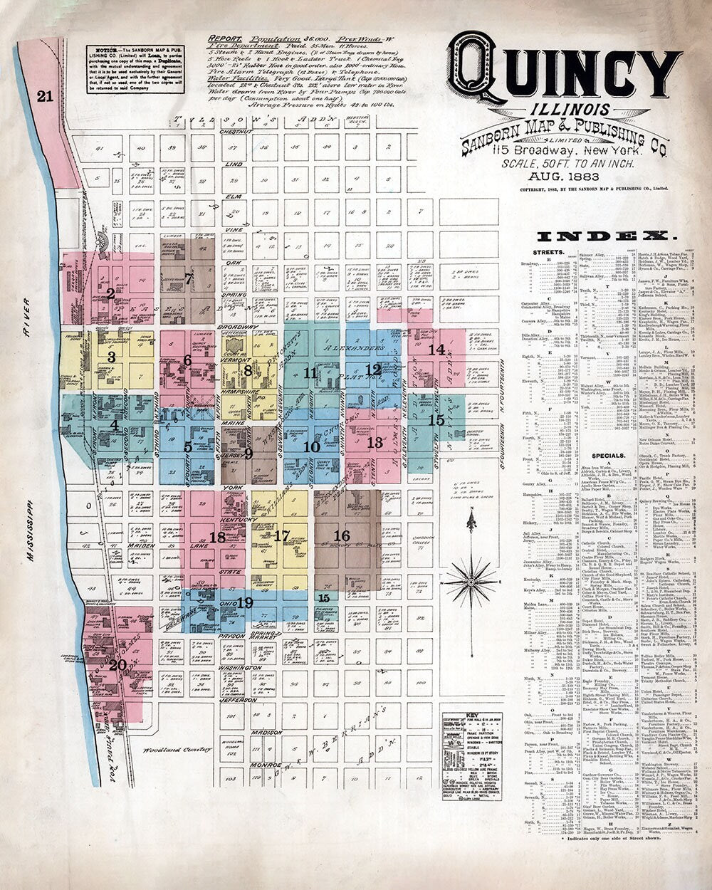1883 Town Map of Quincy Illinois Mississippi River