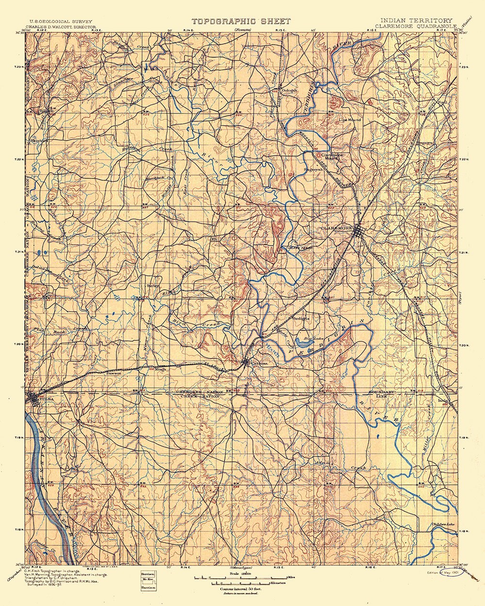 1901 Topo Map of Claremore Oklahoma Indian Territory Tulsa