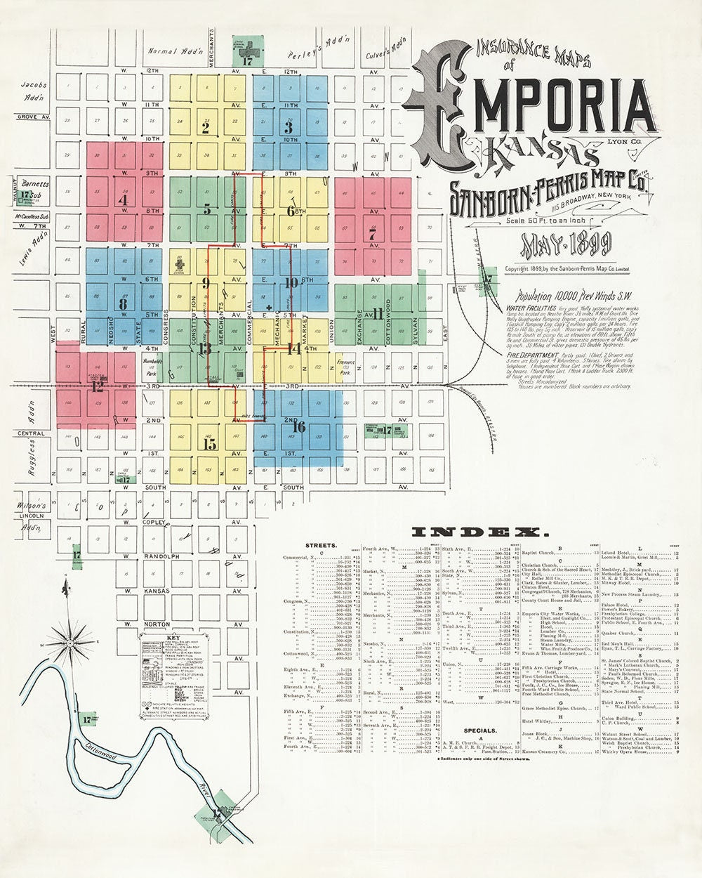 1899 Town Map of Emporia Lyon County Kansas