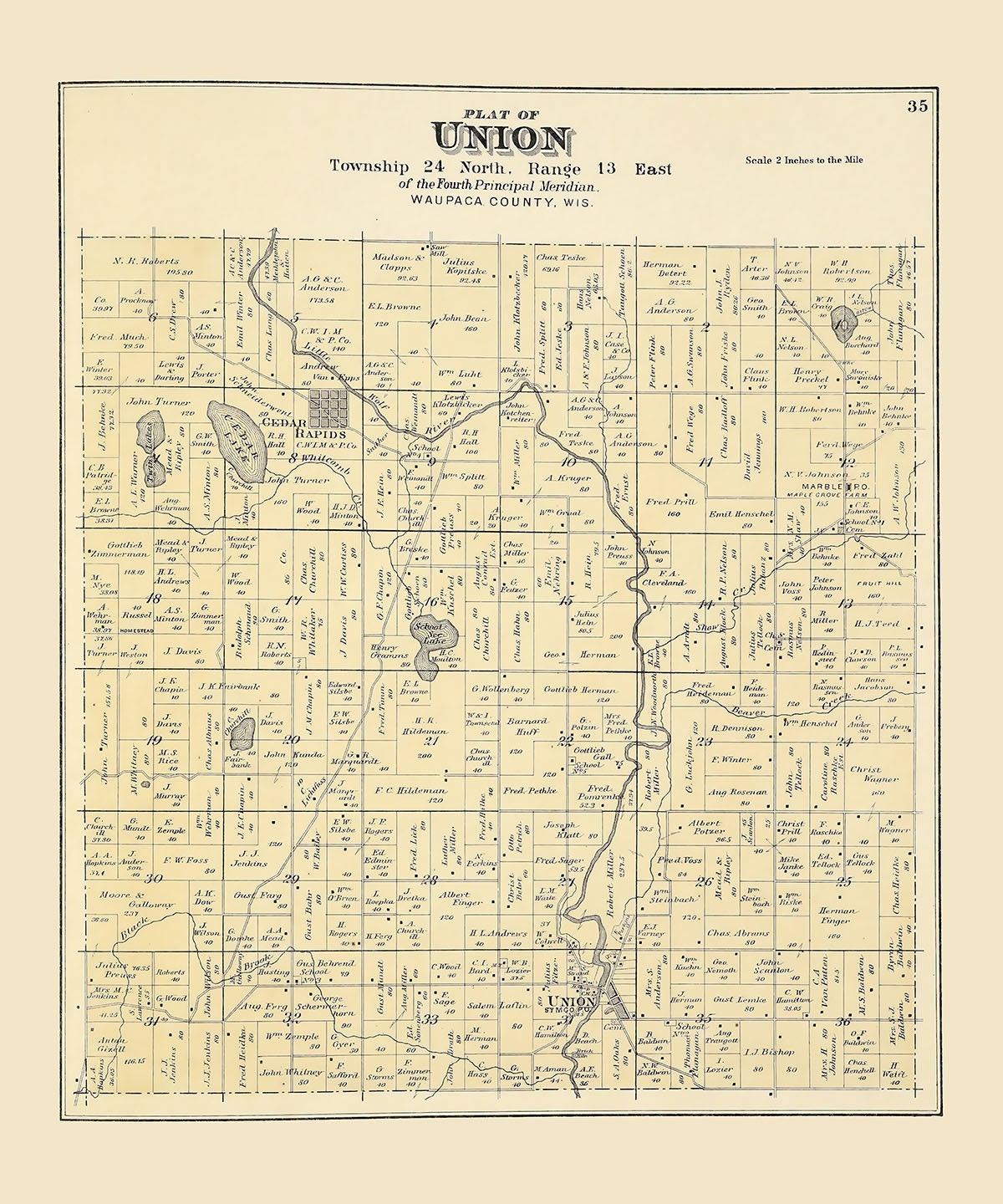 1889 Map of Union Township Waupaca County Wisconsin