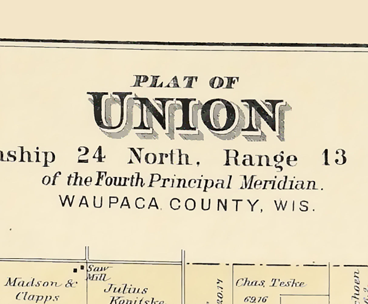 1889 Map of Union Township Waupaca County Wisconsin