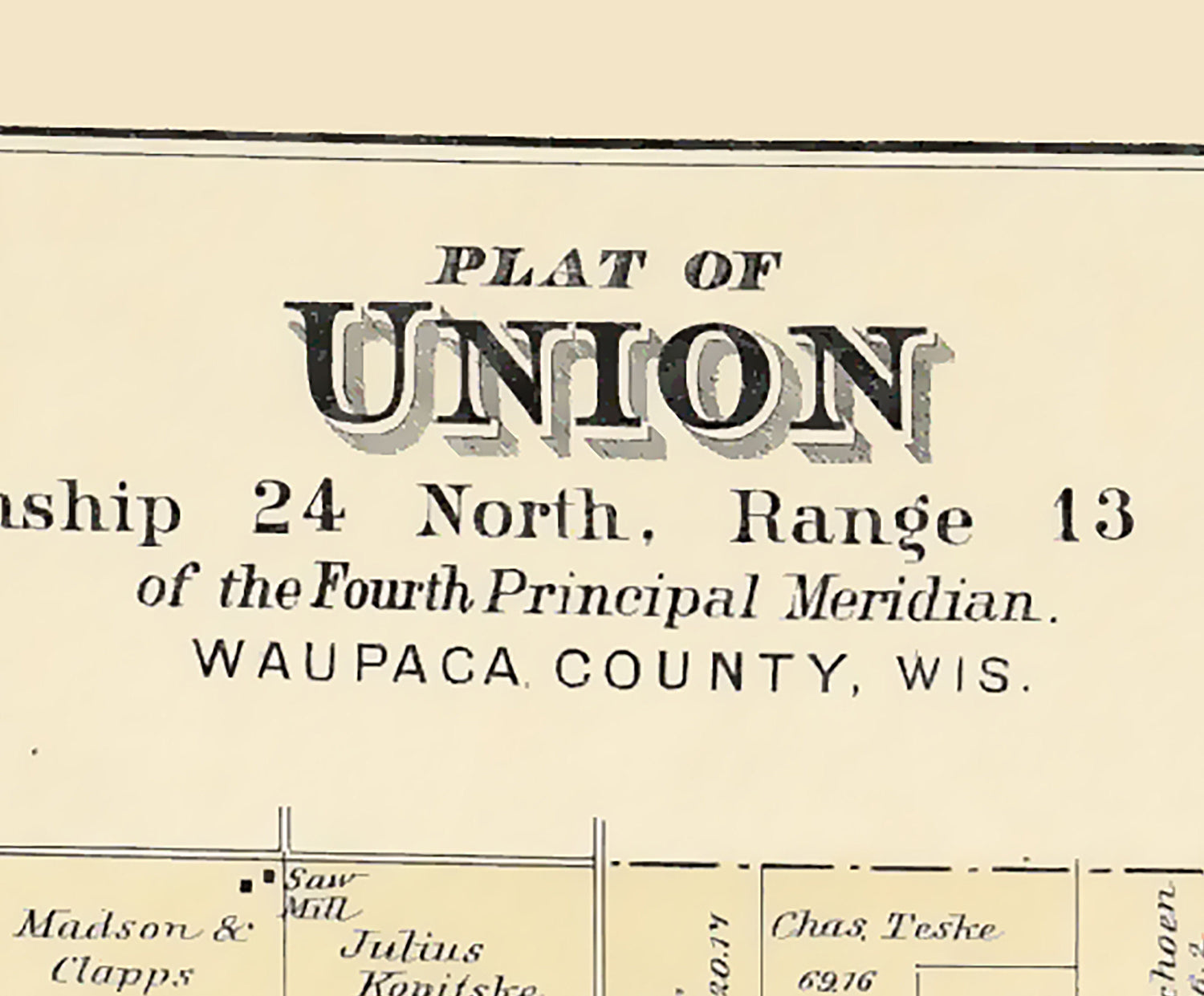 1889 Map of Union Township Waupaca County Wisconsin