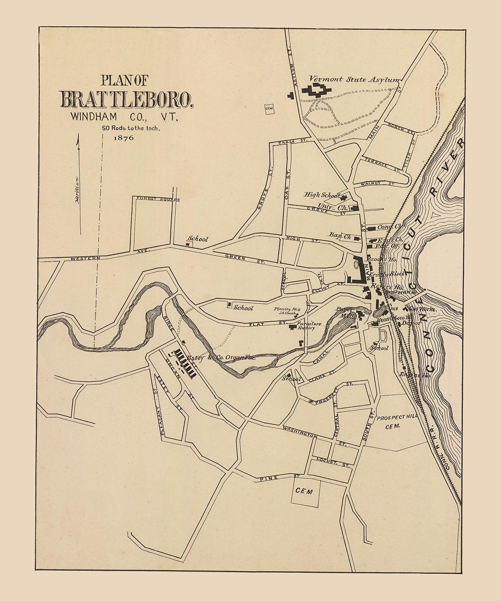 1876 Town Map of Brattleboro Vermont