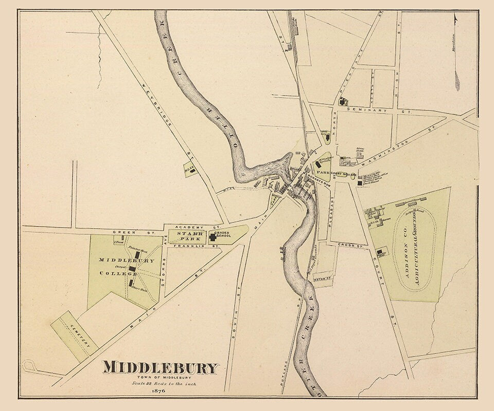 1876 Town Map of Middlebury Vermont