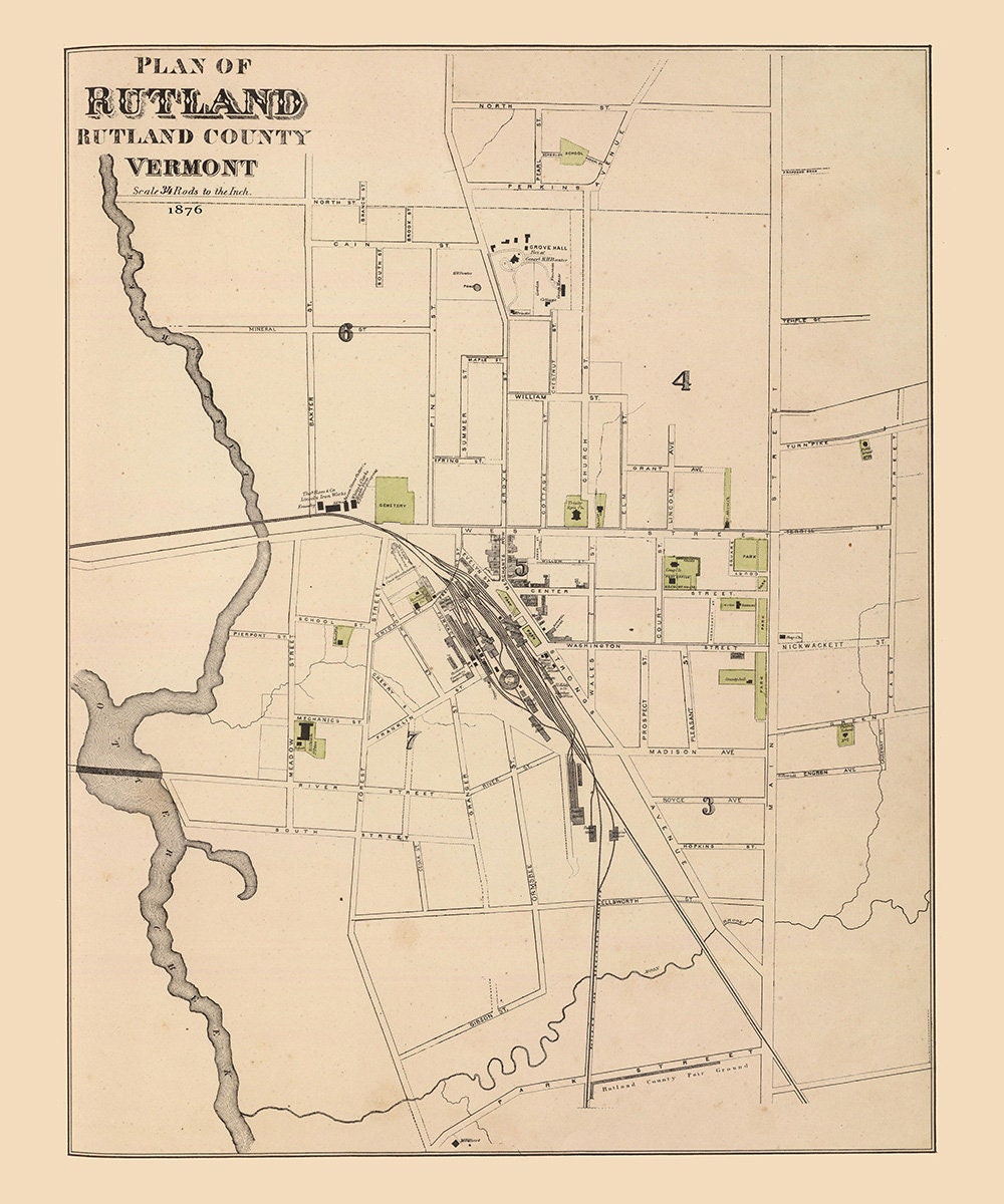1876 Town Map of Rutland Vermont