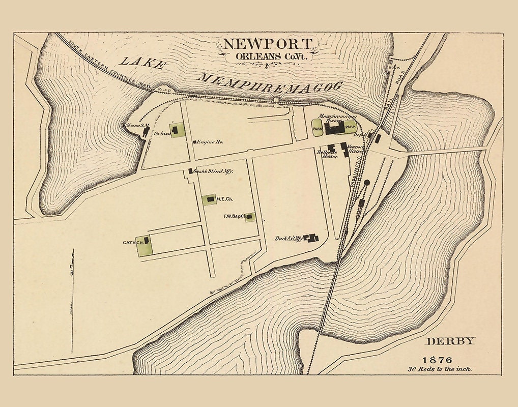 1876 Town Map of Newport Vermont Lake Memphremagog