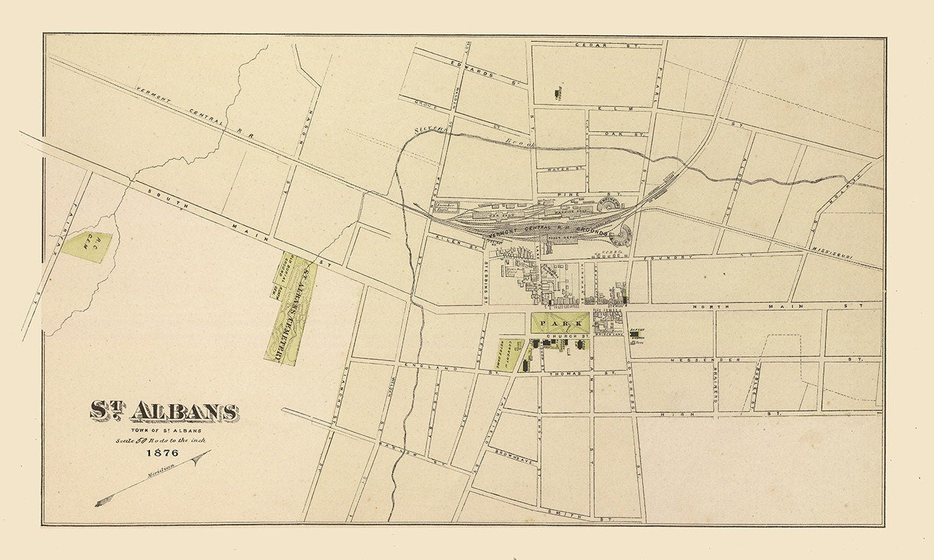 1876 Town Map of St Albans Vermont