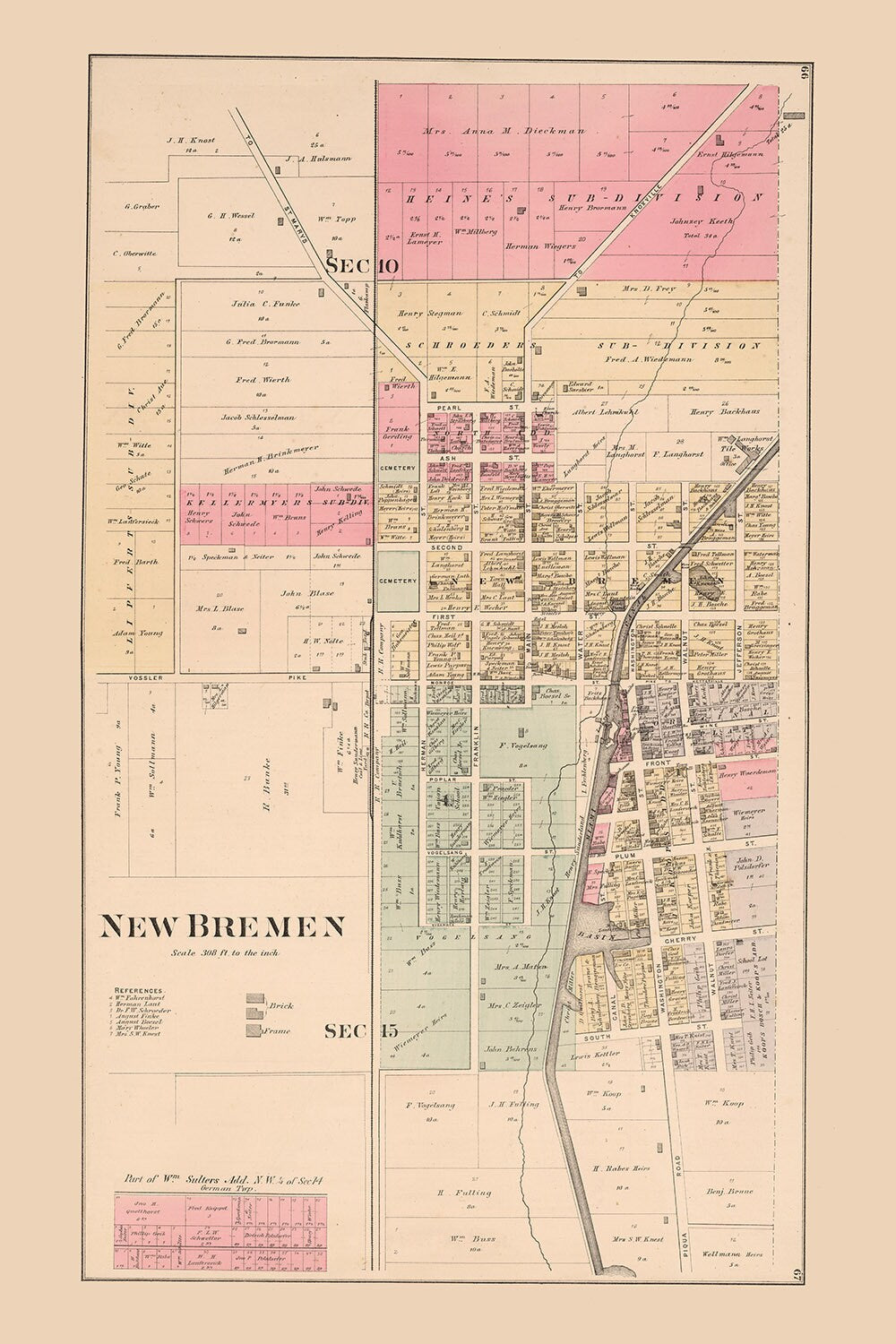 1880 Town Map of New Bremen Auglaize County Ohio