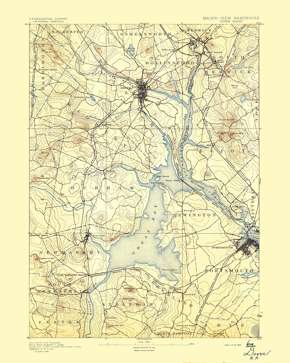 1893 Topo Map of Dover New Hampshire Great Bay Region