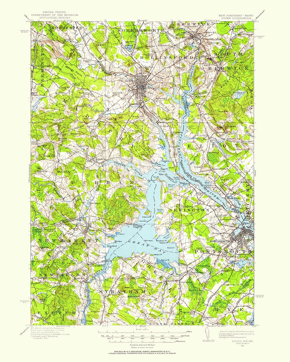 1916 Topo Map of Dover New Hampshire & Maine Quadrangle