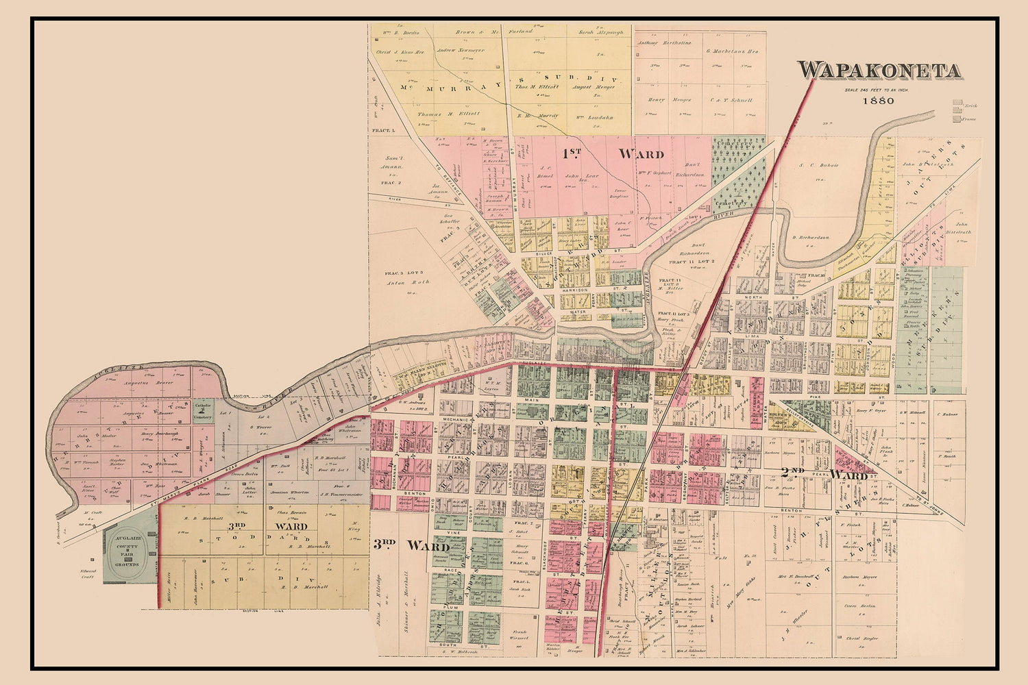 1880 Map of Wapakoneta Auglaize County Ohio