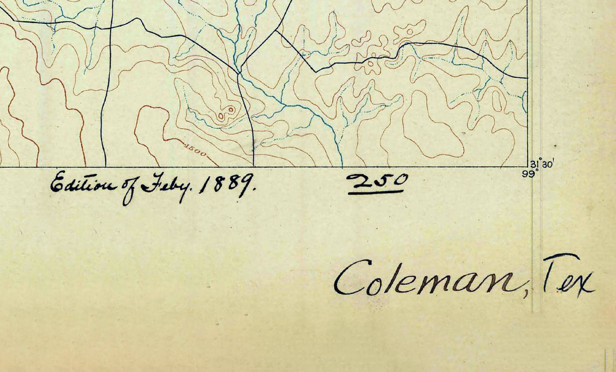 1889 Topo Map of Coleman Texas Lake Brownwood
