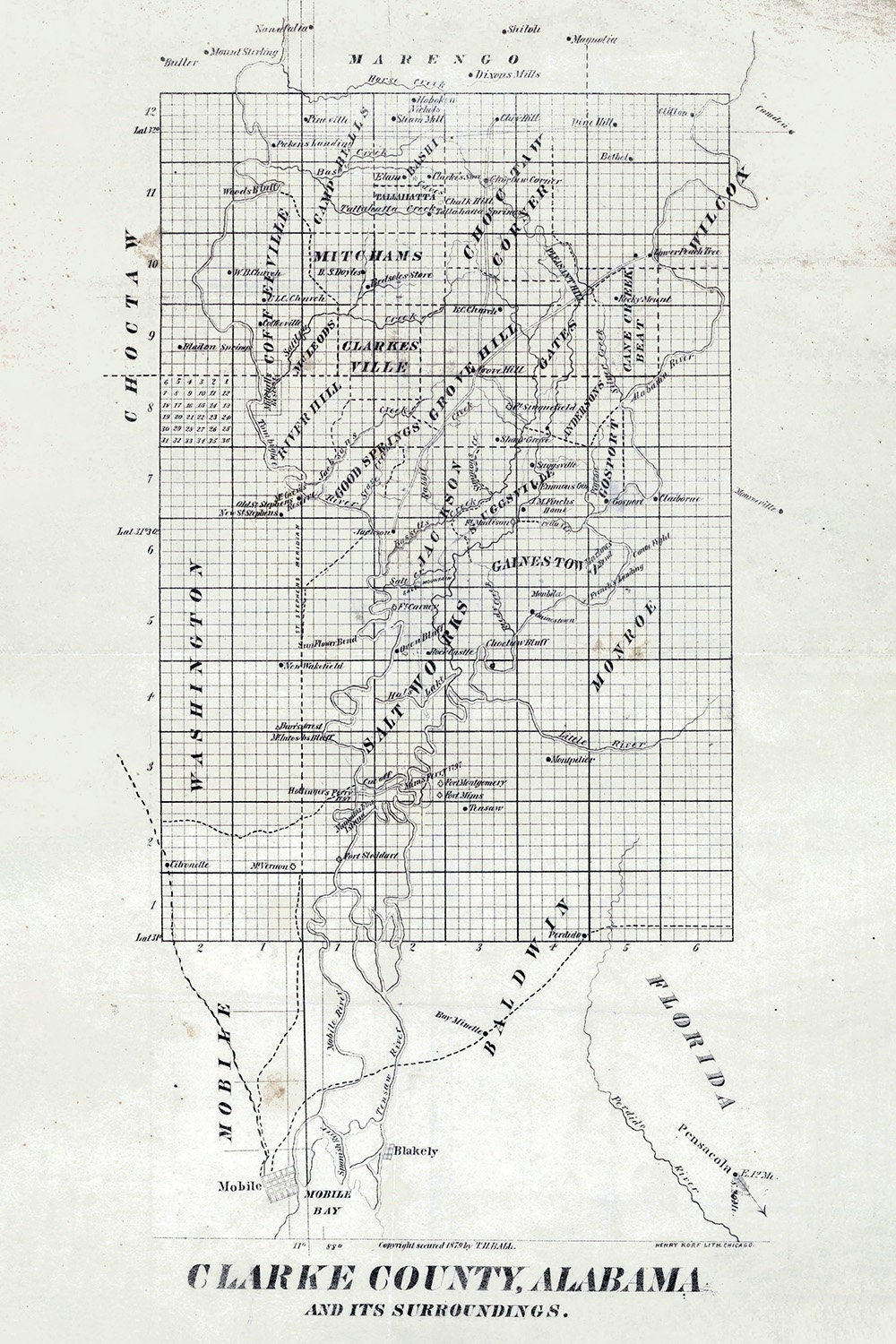 1878 Map of Clarke County Alabama