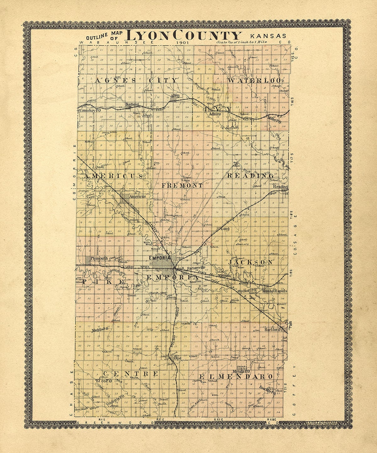1901 Map of Lyon County Kansas