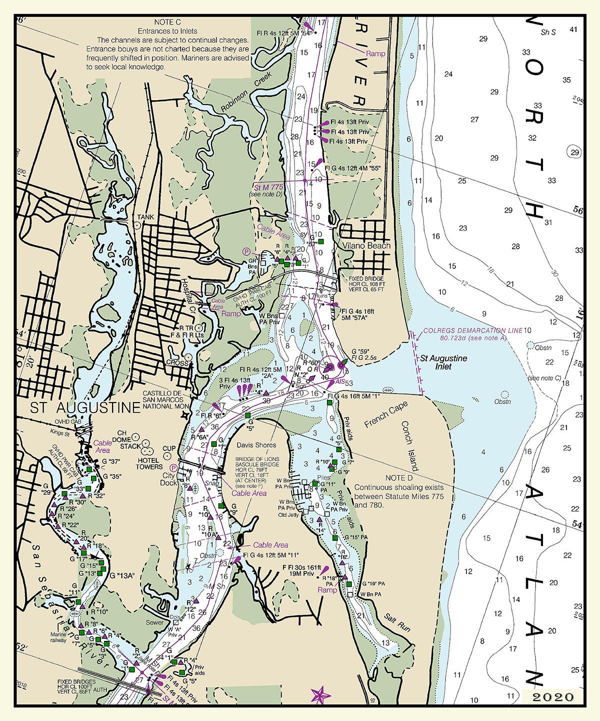 2020 Nautical Chart of Saint Augustine Florida Inlet