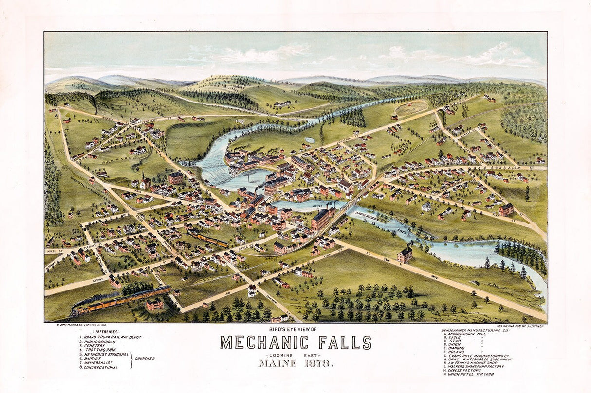 1878 Panoramic Map of Mechanic Falls Maine