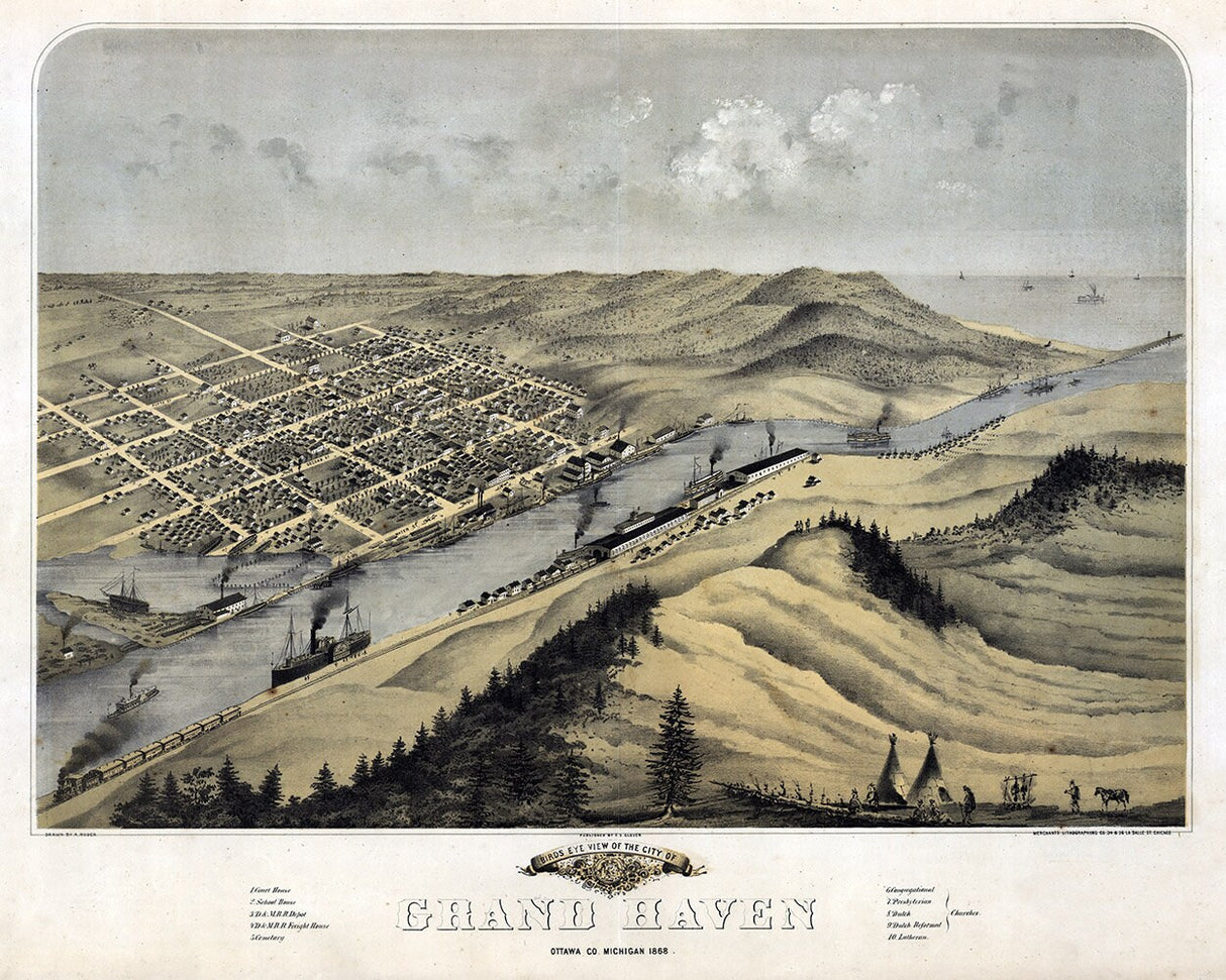 1868 Panoramic Map of Grand Haven Ottawa County Michigan