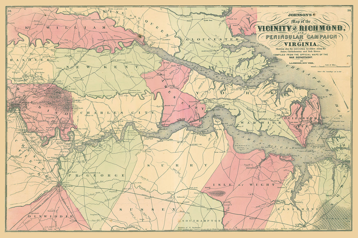 1898 Map showing Battle Field Locations of Virginia