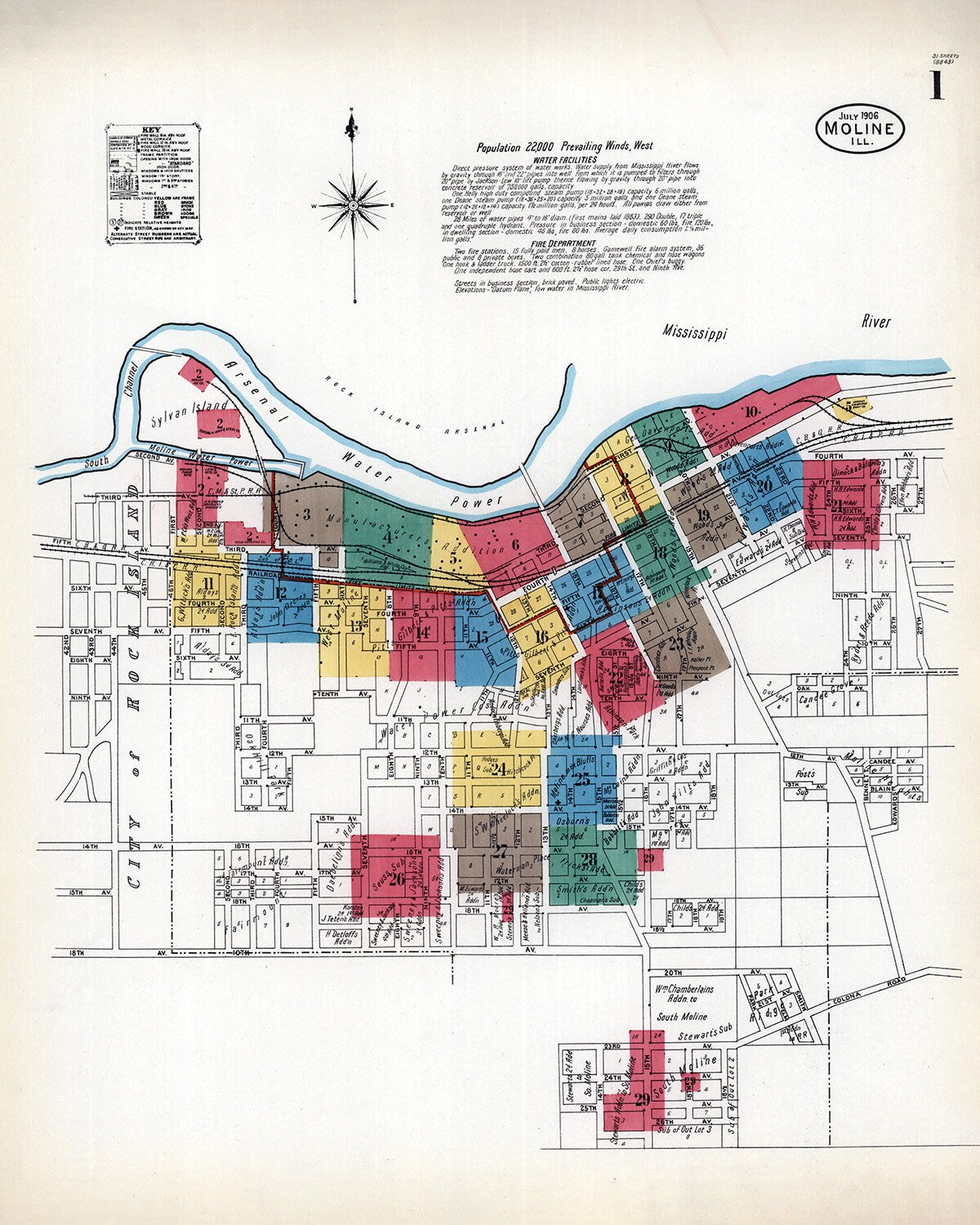 1906 Map of Moline Rock Island County Illinois