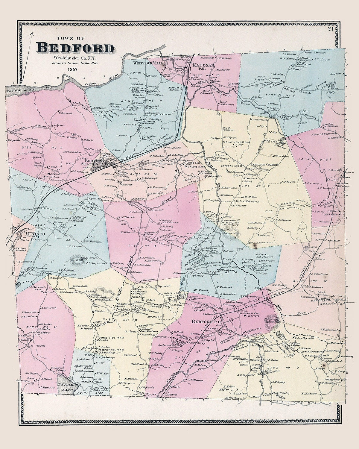 1867 Map of Bedford Westchester County New York
