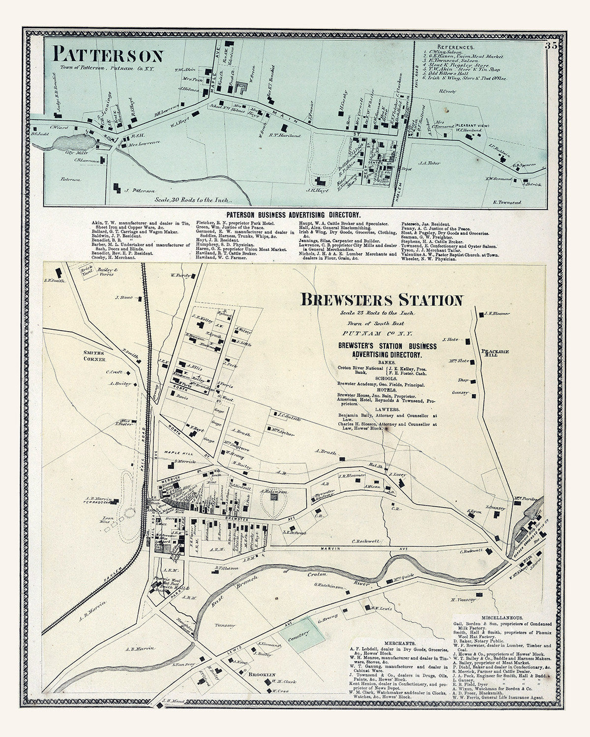 1867 Map of Brewsters Station and Patterson Putnam County New York