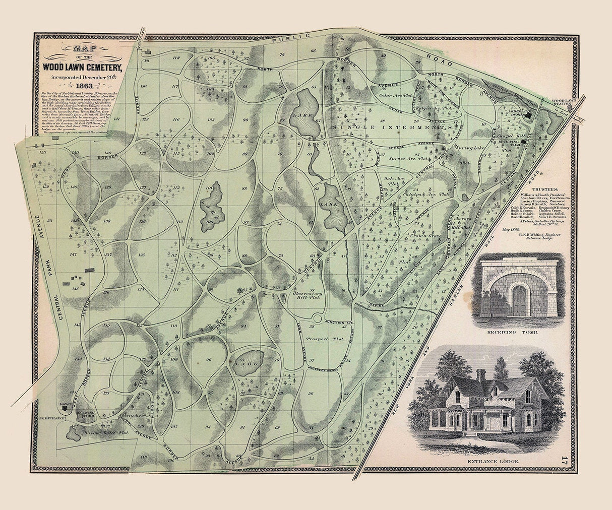 1868 Map of the Wood Lawn Cemetery New York