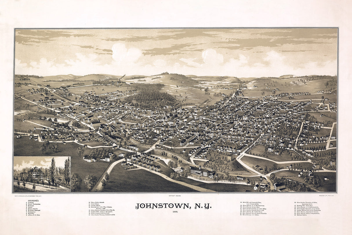 1888 Panoramic Map of Johnstown New York