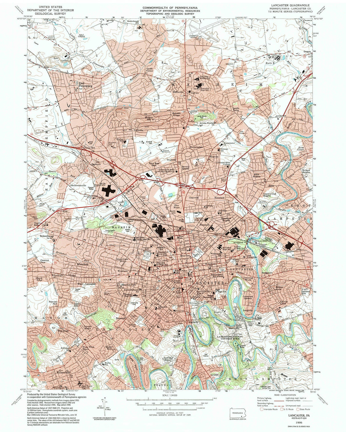 1995 Topo Map of Lancaster Pennsylvania