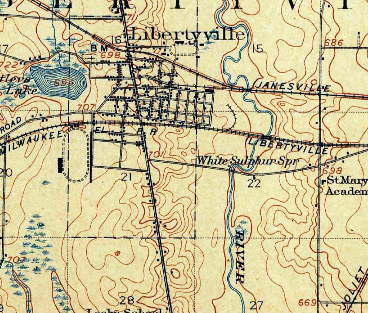 1908 Topo Map of Waukegan Illinois Libertyville