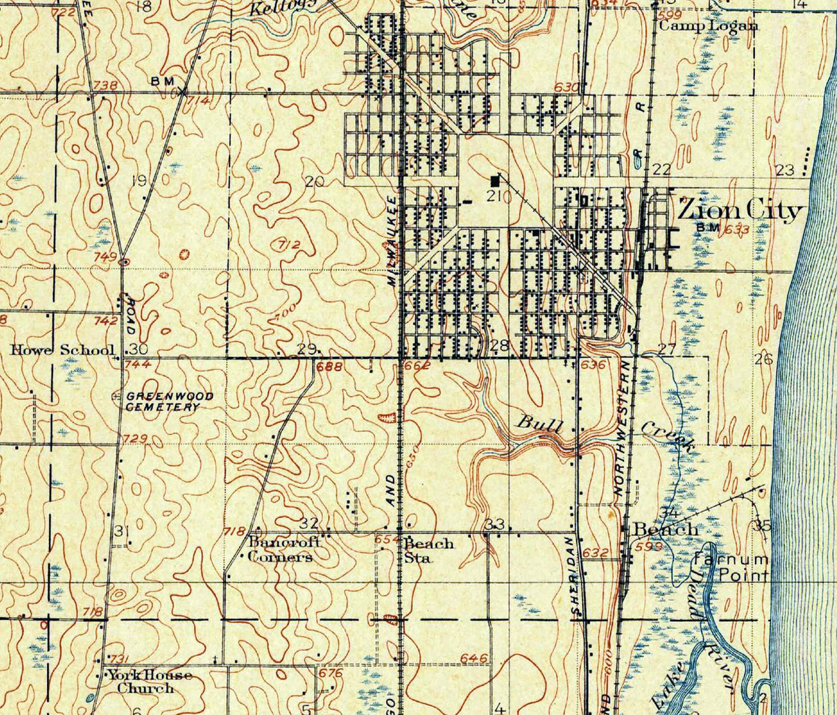 1908 Topo Map of Waukegan Illinois Libertyville