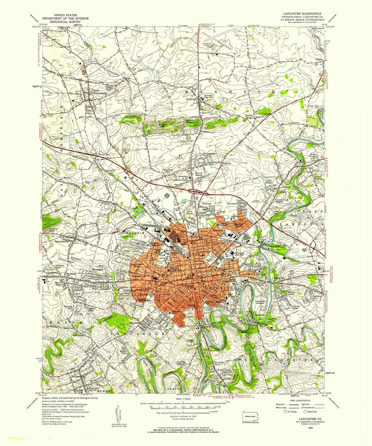 1956 Topo Map of Lancaster Pennsylvania