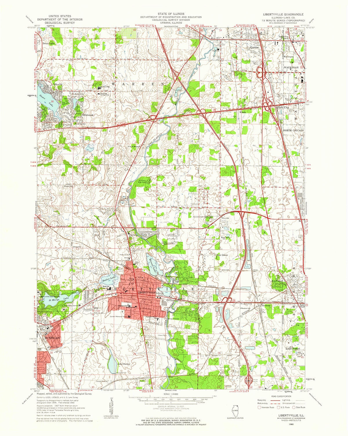 1960 Topo Map of Libertyville Illinois