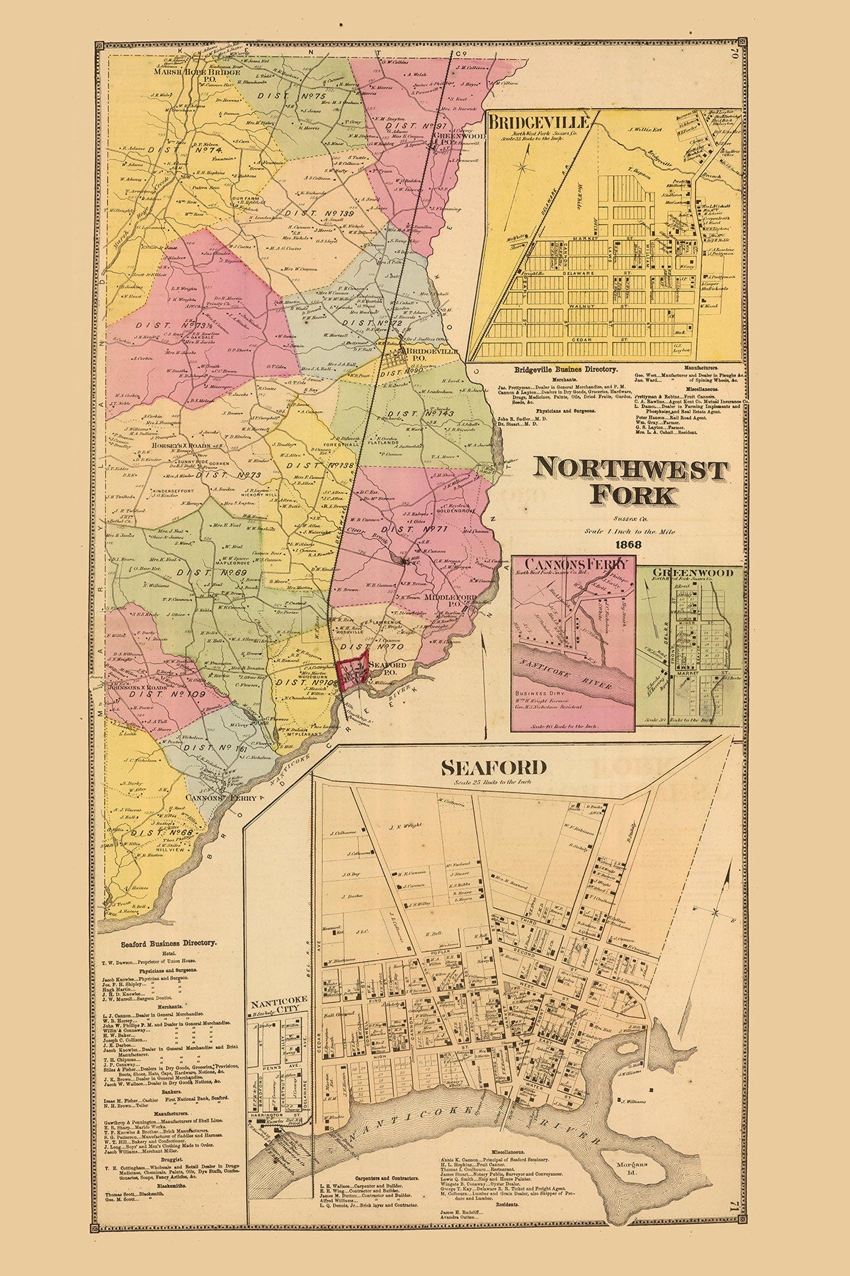 1868 Map of Northwest Fork Sussex County Delaware Seaford
